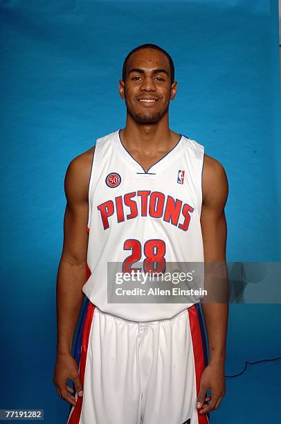 Arron Afflalo of the Detroit Pistons poses for a portrait during NBA Media Day at the Pistons Practice Facility on October 1, 2007 in Auburn Hills,...