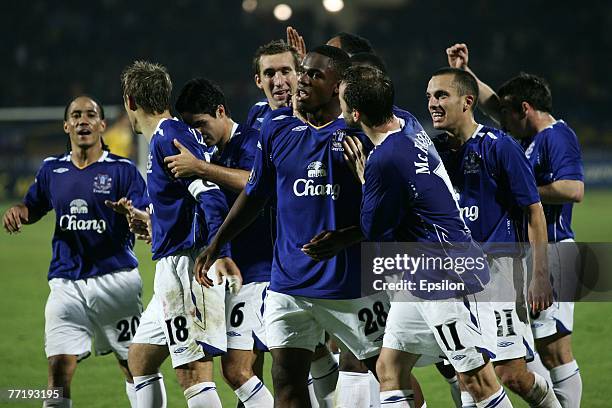 Everton players celebrate after scoring against FC Metallist during the UEFA Cup 1st Round, 2nd Leg match between Metalist Kharkiv & Everton at the...