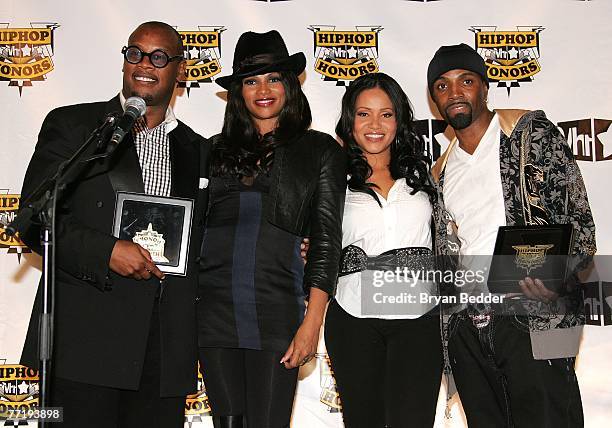 Honoree Andre Hurrell, Sandy "Pepa" Denton, Sheryl "Salt" James and honoree Teddy Riley pose in the press room at the 4th Annual VH1 Hip Hop Honors...