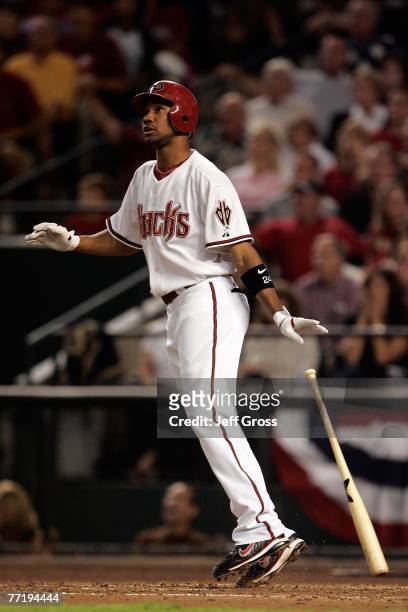 Chris Young of the Arizona Diamondbacks watches as he hits a three-run homerun in the second inning against the Chicago Cubs during Game Two of the...