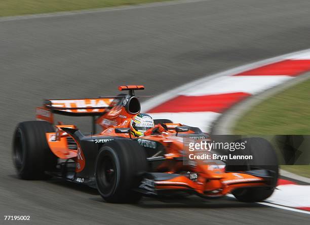 Adrian Sutil of Germany and Spyker F1 drives during practice for the Chinese Formula One Grand Prix at the Shanghai International Circuit on October...
