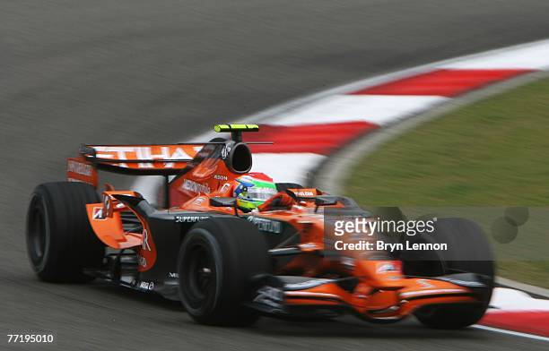 Sakon Yamamoto of Japan and Spyker F1 drives during practice for the Chinese Formula One Grand Prix at the Shanghai International Circuit on October...