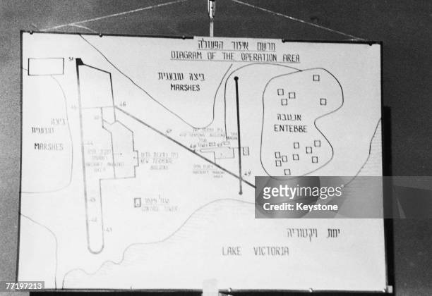Map of Entebbe Airport on display at a press conference in Israel following Operation Entebbe in which, Israeli special forces rescued 100 hostages...