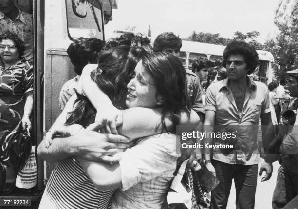 An Israeli hostage is greeted on her return to Israel after Operation Entebbe on 3rd July 1976, in which, Israeli special forces rescued 100 hostages...