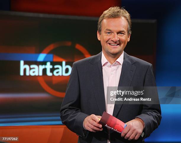 Presenter Frank Plasberg poses during the photo call for the political talkshow "hart aber fair" at the City Globe Studio on October 5, 2007 in...