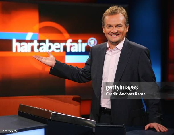 Presenter Frank Plasberg poses during the photo call for the political talkshow "hart aber fair" at the City Globe Studio on October 5, 2007 in...