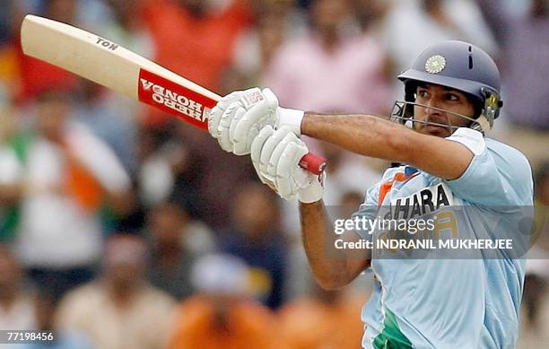 Indian cricketer Yuvraj Singh plays a shot during the third One Day International match between India and Australia at the Rajiv Gandhi International...