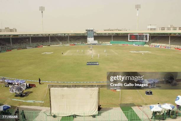 General view of the National Stadium during day five of the first test match series between Pakistan and South Africa held at the National Stadium on...
