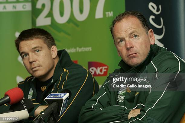 John Smit and Jake White attend the Springboks press conference held at their hotel on October 5, 2007 in Marseille, France.