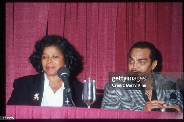 Katherine and Joe Jackson sit before a press conference February 12, 1994 in Las Vegas, NV. In a special tribute show, "Jackson Family Honors" the...