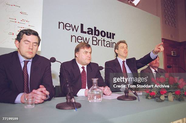 Members of the British Shadow Cabinet, 1995. Left to right: Shadow Chancellor Gordon Brown, Deputy Leader of the Labour Party John Prescott, Leader...