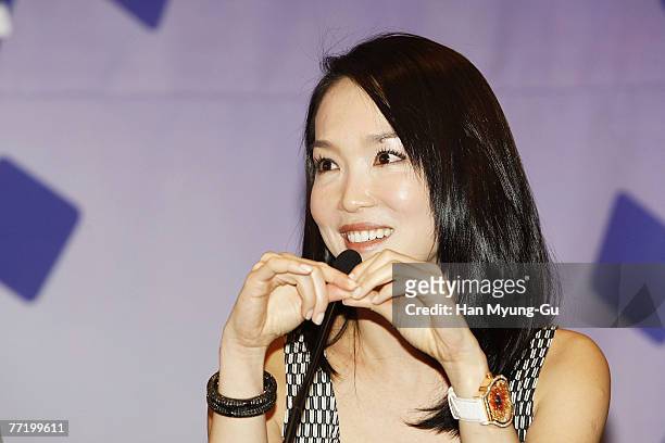 Fann Wong speaks during a press conference on the second day of the Pusan International Film Festival 2007 at Paradise Hotel on October 5 in Pusan,...