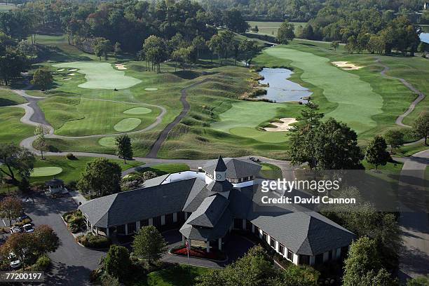 The clubhouse with the par 4, 13th and the par 5 18th hole behind at Valhalla Golf Club venue for the 2008 Ryder Cup Matches, on October 4, 2007 in...