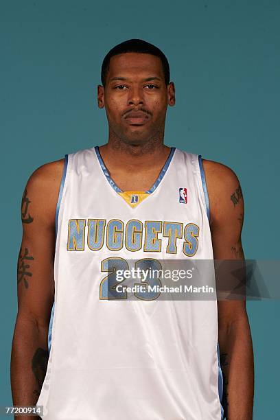 Marcus Camby of the Denver Nuggets poses for a portrait during NBA Media Day at the Pepsi Center on October 1, 2007 in Denver, Colorado. NOTE TO...