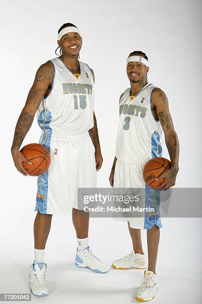 Carmelo Anthony and Allen Iverson of the Denver Nuggets pose for a portrait during NBA Media Day at the Pepsi Center on October 1, 2007 in Denver,...