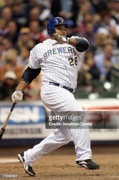 Prince Fielder of the Milwaukee Brewers swings at the pitch against the San Diego Padres on September 28, 2007 at Miller Park in Milwaukee,...