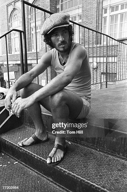 Bruce Springsteen takes a break from the soundcheck before performing with The E-Street Band at Alex Cooley's Electric Ballroom on August 22, 1975 in...