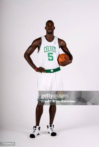 Kevin Garnett of the Boston Celtics poses for a portrait during NBA Media Day at the Celtics Practice Facility on September 28, 2007 in Waltham,...