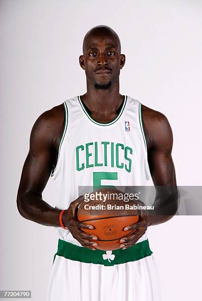Kevin Garnett of the Boston Celtics poses for a portrait during NBA Media Day at the Celtics Practice Facility on September 28, 2007 in Waltham,...