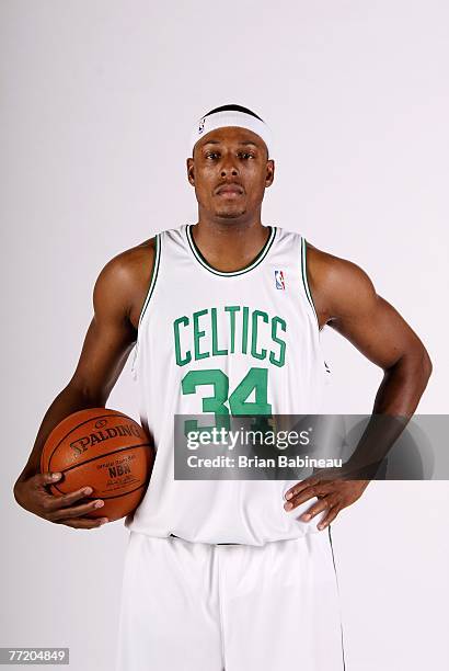 Paul Pierce of the Boston Celtics poses for a portrait during NBA Media Day at the Celtics Practice Facility on September 28, 2007 in Waltham,...