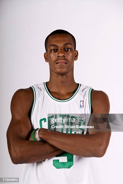 Rajon Rondo of the Boston Celtics poses for a portrait during NBA Media Day at the Celtics Practice Facility on September 28, 2007 in Waltham,...