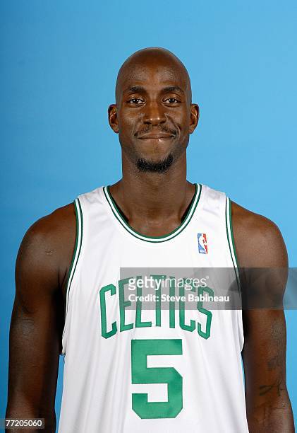 Kevin Garnett of the Boston Celtics poses for a portrait during NBA Media Day at the Celtics Practice Facility on September 28, 2007 in Waltham,...