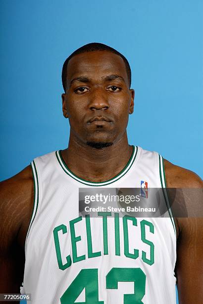 Kendrick Perkins of the Boston Celtics poses for a portrait during NBA Media Day at the Celtics Practice Facility on September 28, 2007 in Waltham,...