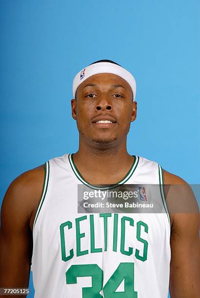 Paul Pierce of the Boston Celtics poses for a portrait during NBA Media Day at the Celtics Practice Facility on September 28, 2007 in Waltham,...