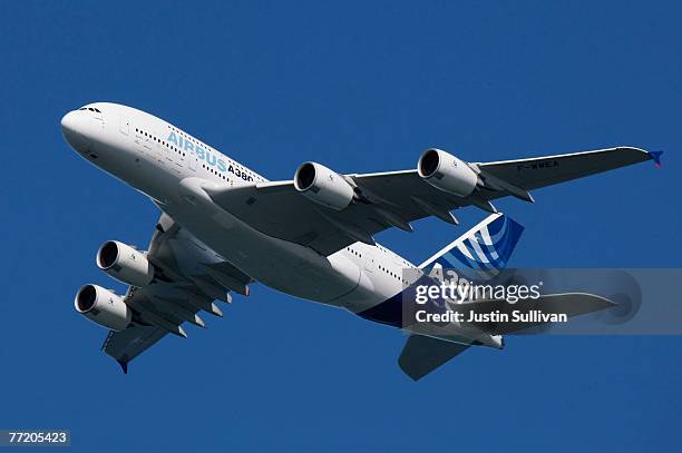 The Airbus A380 flies over San Francisco as part of the city's Fleet Week October 5, 2007 in San Francisco, California. The A380, the world's largest...