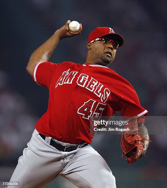 Kelvim Escobar of the Los Angeles Angels throws against the Boston Red Sox during Game 2 of the American League Division Series at Fenway Park...