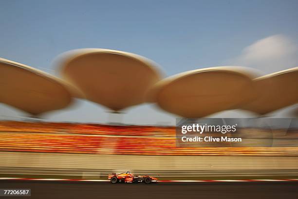 Sakon Yamamoto of Japan and Spyker F1 drives during practice for the Chinese Formula One Grand Prix at the Shanghai International Circuit on October...