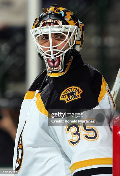 Goalie Manny Fernandez of the Boston Bruins during play against the Dallas Stars at the American Airlines Center on October 5, 2007 in Dallas, Texas.