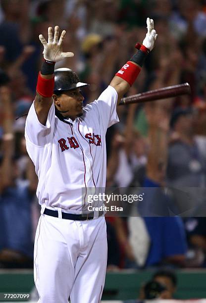Manny Ramirez of the Boston Red Sox celebrates his game-winning home run in the bottom of the ninth inning against the Los Angeles Angels of Anaheim...