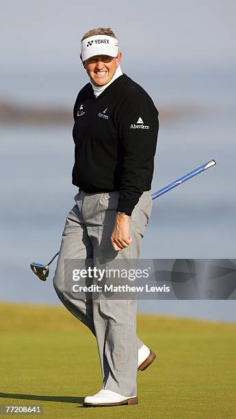 Colin Montgomerie of Scotland on the fourth green during the third round of The Alfred Dunhill Links Championship at Kingsbarns Golf Links on October...
