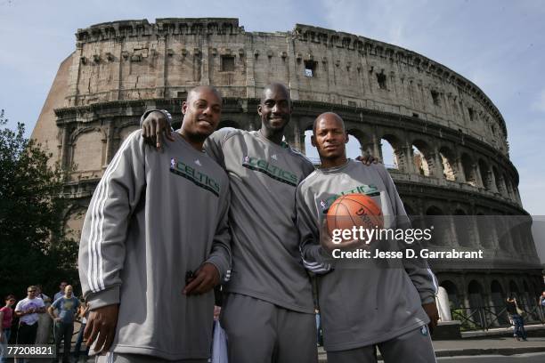 Paul Pierce, Kevin Garnett and Ray Allen of the Boston Celtics pose for a photo in front of the Colosseum during the 2007 NBA Europe Live Tour on...