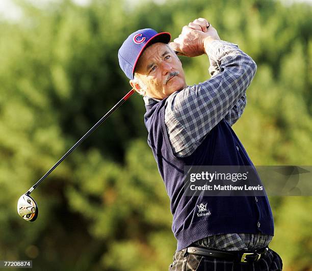 Hollywood film actor Bill Murray drives off the first tee during the third round of The Alfred Dunhill Links Championship at Kingsbarns Golf Links on...