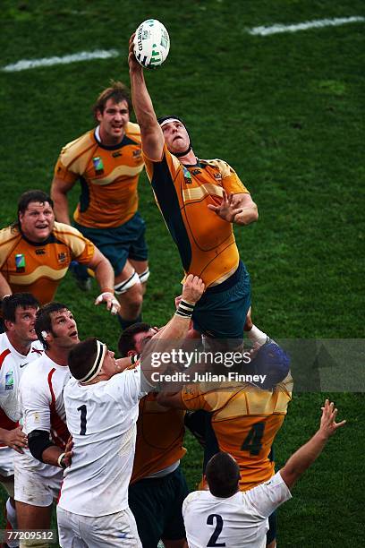 Daniel Vickerman of Australia rises to claim the ball during the Quarter Final of the Rugby World Cup 2007 between Australia and England at the Stade...