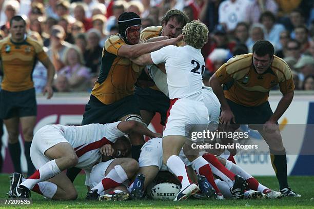 Daniel Vickerman of Australia fights with Peter Richards of England during the Quarter Final of the Rugby World Cup 2007 between Australia and...