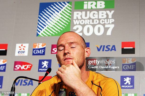 Stirling Mortlock of Australia listens to questions from the media at a press conference after the Quarter Final of the Rugby World Cup 2007 between...