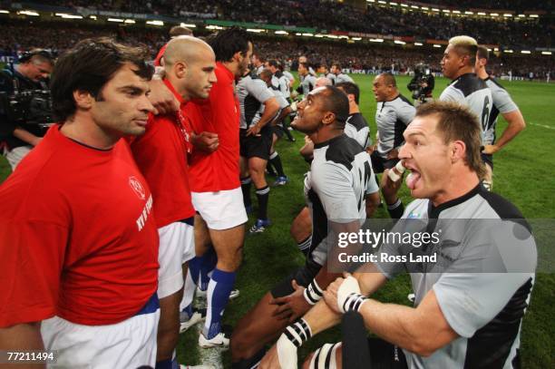 The New Zealand team perform The Haka whilst confronted by the France team before the Quarter Final of the Rugby World Cup 2007 match between New...