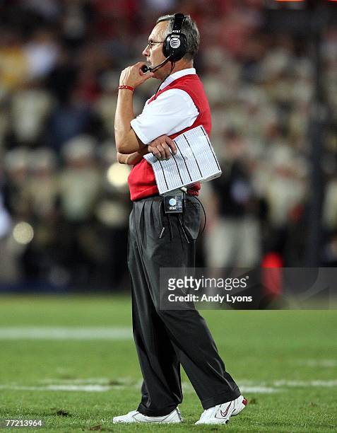 Jim Tressel the Head Coach of the Ohio State Buckeyes stands during the game against the Purdue Boilermakers at Ross-Ade Stadium October 6, 2007 in...