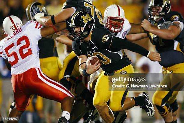 Chase Daniel of the Missouri Tigers scores on a 1 yard run against the Nebraska Cornhuskers during 1st-quarter action on October 6, 2007 at Faurot...