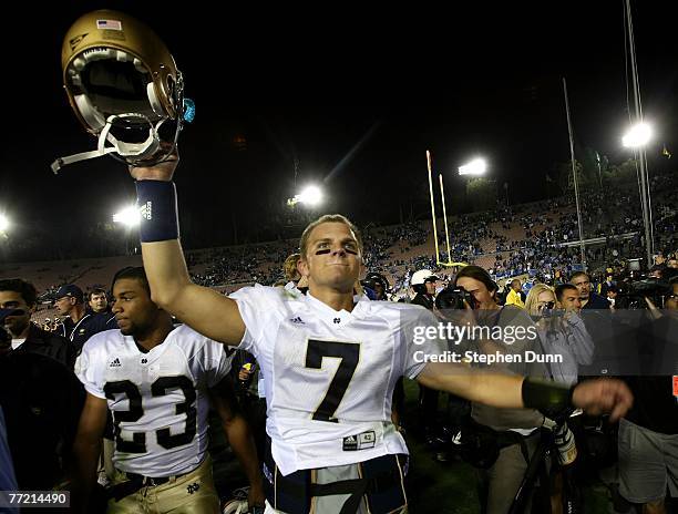 Quarterback Jimmy Clausen of the Notre Dame Fighting Irish celebrates after their game with the UCLA Bruins at the Rose Bowl October 6, 2007 in...