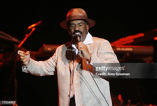 Comedian Steve Harvey hosts the last night of the Bermuda Music Festival at the National Sports Center on October 6, 2007 in Devonshire Parish,...