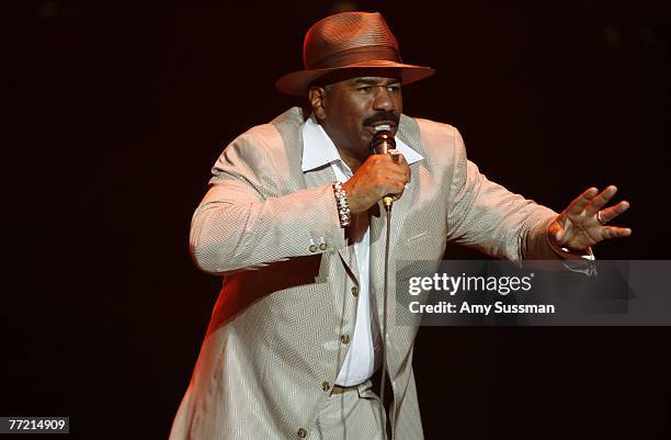 Comedian Steve Harvey hosts the last night of the Bermuda Music Festival at the National Sports Center on October 6, 2007 in Devonshire Parish,...