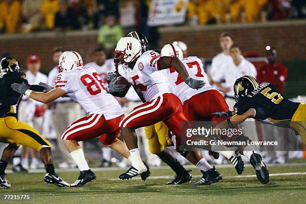 Marton Lucky of the Nebraska Cornhuskers runs for yardage against the Missouri Tigers during 2nd-half action on October 6, 2007 at Faurot Field in...