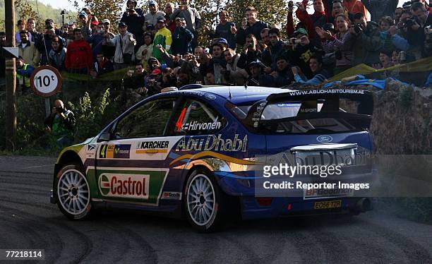 Mikko Hirvonen and Jarmo Lehtinen of Finalnd drive their Ford Focus RS WRC 06 during Leg 3 of the Rally RACC Catalunya - Costa Daurada on October 7,...
