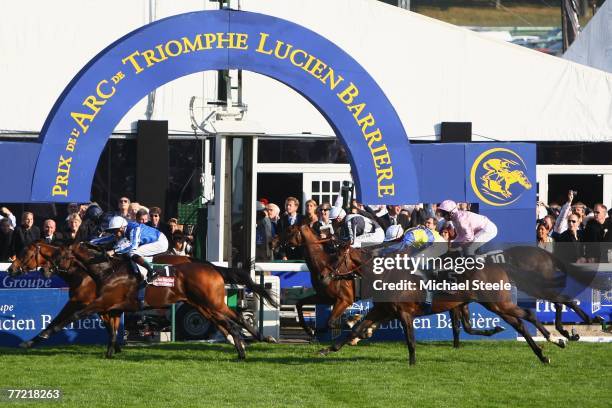 Dylan Thomas ridden by Kieron Fallon pips Youmzain ridden by Richard Hughes to win the Prix de L'Arc de Triomphe at the Hippodrome de Longchamp on...