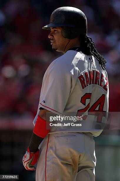 Manny Ramirez of the Boston Red Sox looks on against the Los Angeles Angels of Anaheim during Game Three of the American League Divisional Series at...