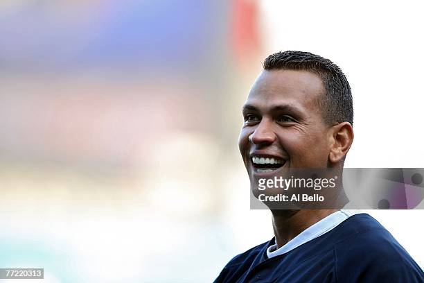 Alex Rodriguez of the New York Yankees looks on before Game Three of the American League Division Series against the Cleveland Indians at Yankee...